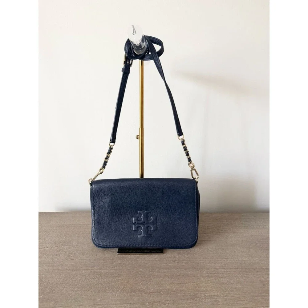 Tory Burch Deep Navy Pebbled Leather Crossbody w. Embossed Logo